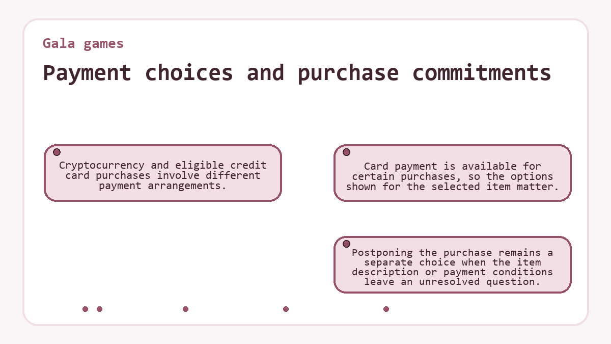 Payment choices and purchase commitments: Cryptocurrency and eligible credit card purchases involve different payment arrangements.; Card payment is available for certain purchases, so the options shown for the selected item matter.; Postponing the purchase remains a separate choice when the item description or payment conditions leave an unresolved question.